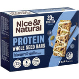 Wholeseed Blueberry & Vanilla protein bar, gluten-free, packed with real blueberries and vanilla for tasty nutrition on-the-go.