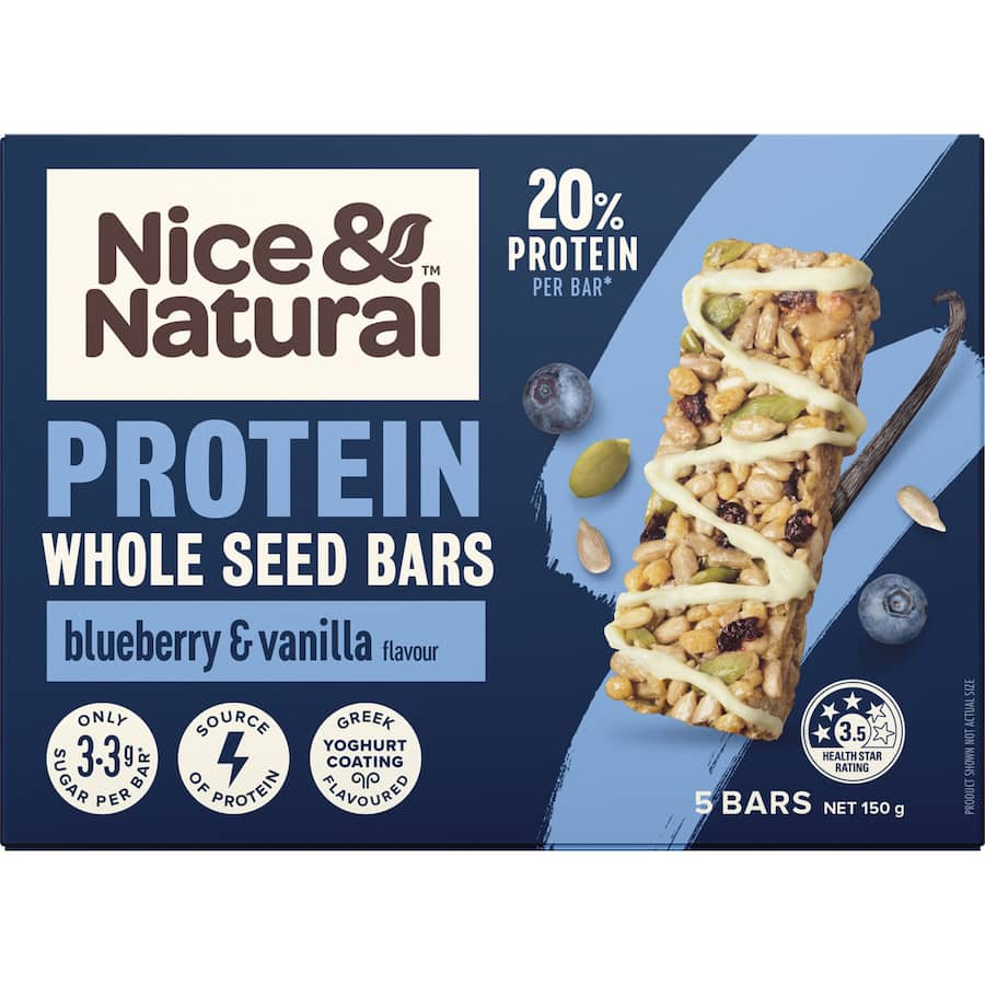 Nice & Natural Protein Bars in Wholeseed Blueberry & Vanilla, packed with protein, gluten-free, and naturally delicious.