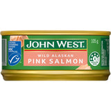 Canned John West Salmon Pink featuring tender, nutritious, and omega-3 rich pink salmon from the Pacific, perfect for healthy meals.
