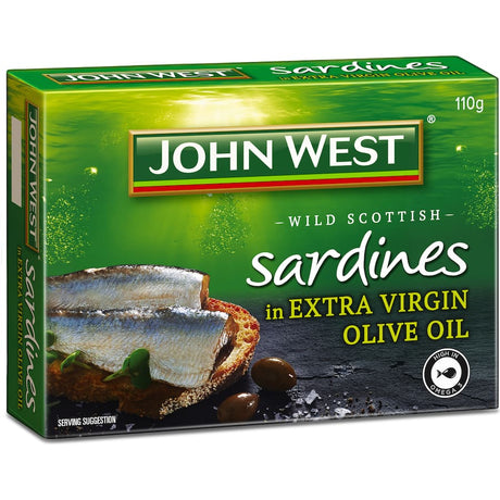 Close-up of John West Sardines in Extra Virgin Olive Oil, showcasing the premium quality and rich Mediterranean flavor.