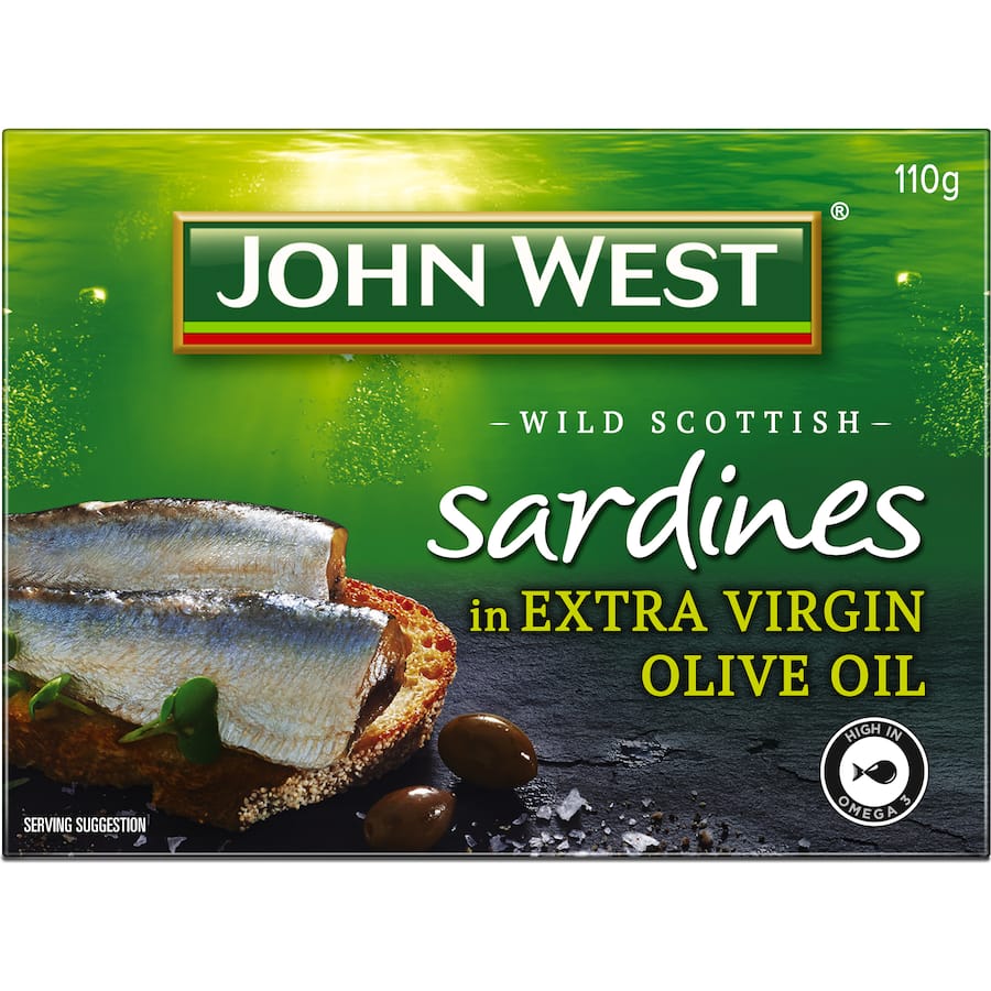 John West Sardines in Extra Virgin Olive Oil, hand-selected for premium flavor and rich in Omega-3s, perfect for versatile meals.