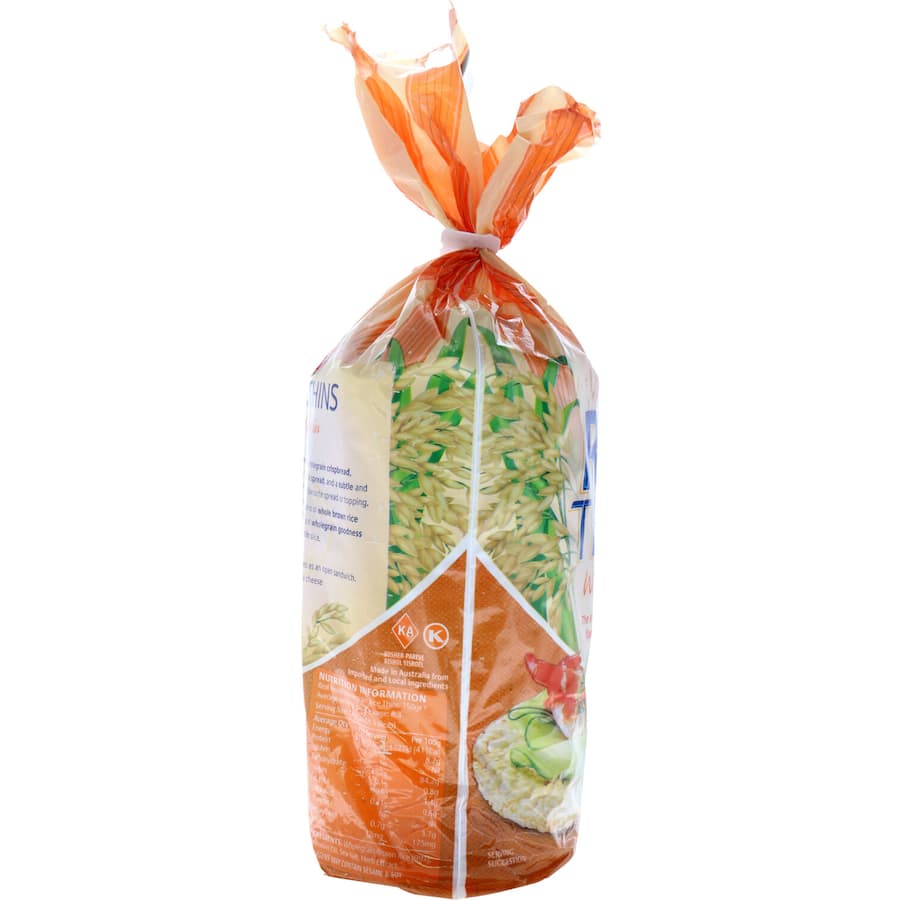 Wholegrain rice thins crispbread, gluten-free, crunchy texture, perfect for toppings and healthy snacking.
