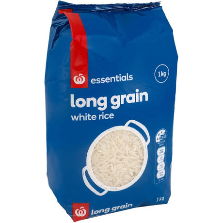 A bag of Essentials Long Grain Rice, perfect for enhancing Asian cuisine and delivering fluffy, flavorful meals.