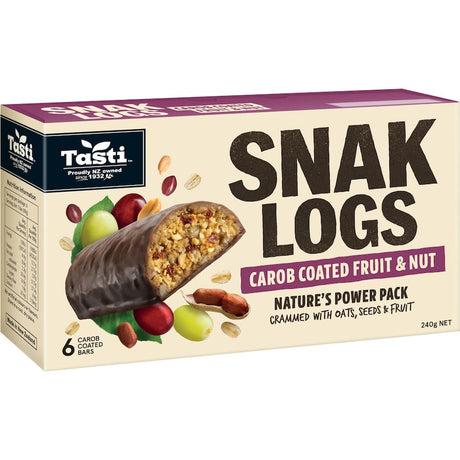 Tasti Muesli Bars Carob Fruit & Nut Snak Log, a nutritious snack with roasted nuts, fruits, cereals, and carob flavor.