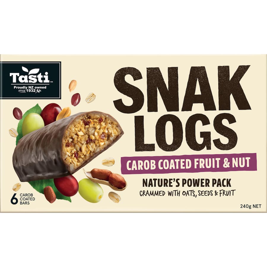 Tasti Muesli Bars Carob Fruit & Nut Snak Log featuring roasted nuts, fruits, cereals, and sunflower seeds for a healthy snack.