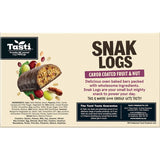 Tasti Muesli Bars Carob Fruit & Nut Snak Log featuring roasted nuts, fruits, oat-bran, and sunflower seeds for a healthy snack.