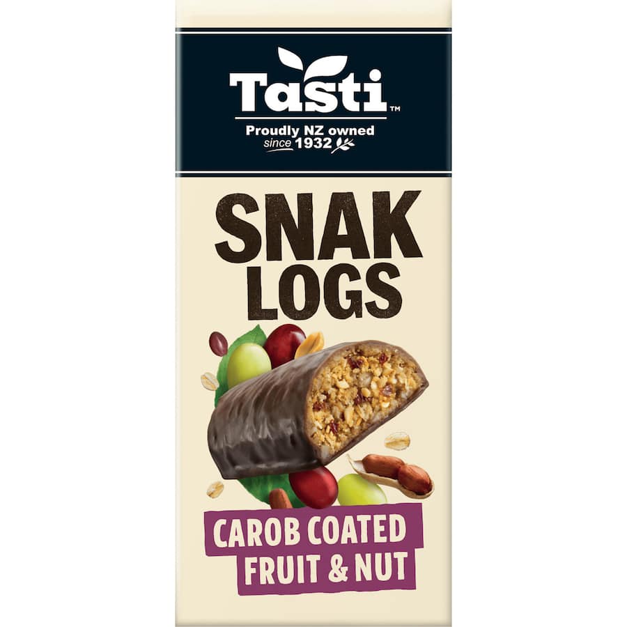 Tasti Muesli Bars Carob Fruit & Nut Snak Log with nuts, fruits, and oats, offering a healthy, on-the-go snack option.