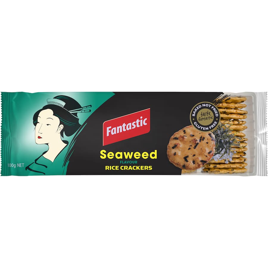 Crunchy seaweed-infused rice crackers, gluten-free, vegan, 99% fat-free, perfect for snacking anytime, anywhere.