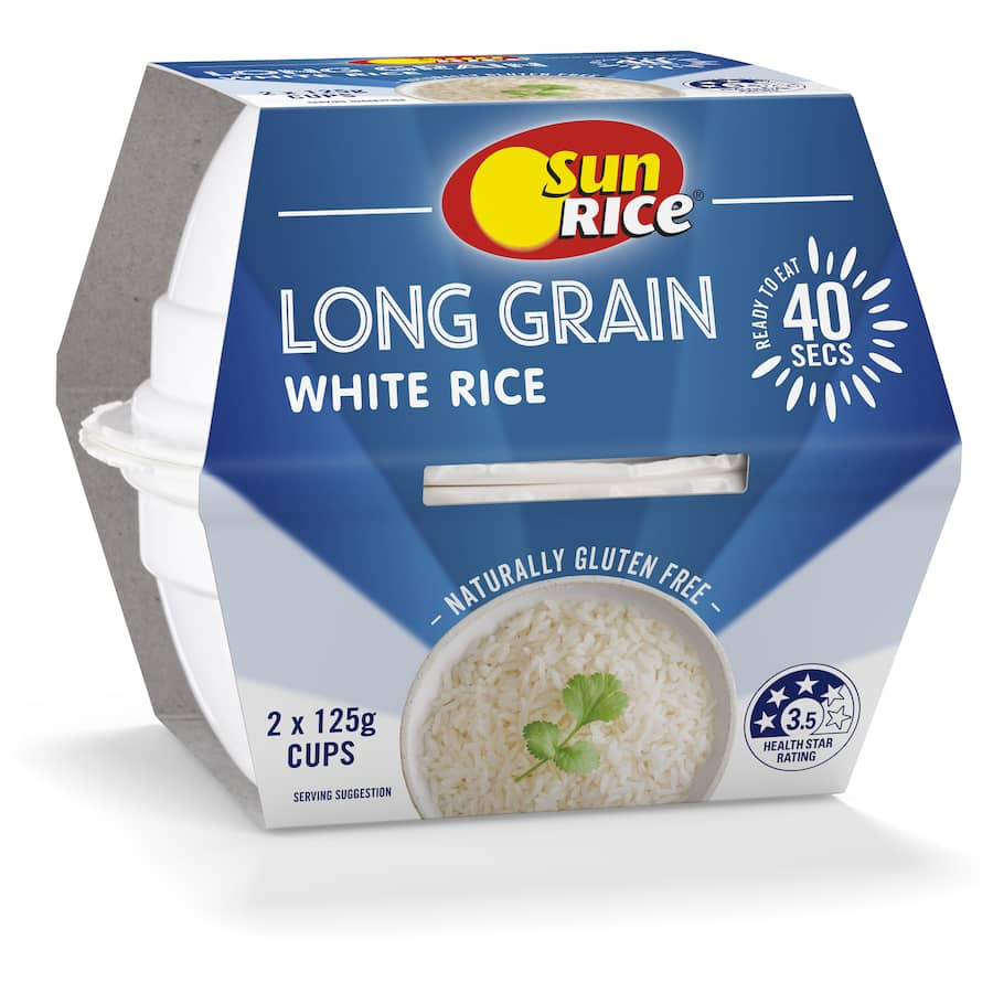 Cup of Sunrice Quick Cups Microwave Rice featuring fluffy white long grains, perfect for quick, nutritious meals in 40 seconds.