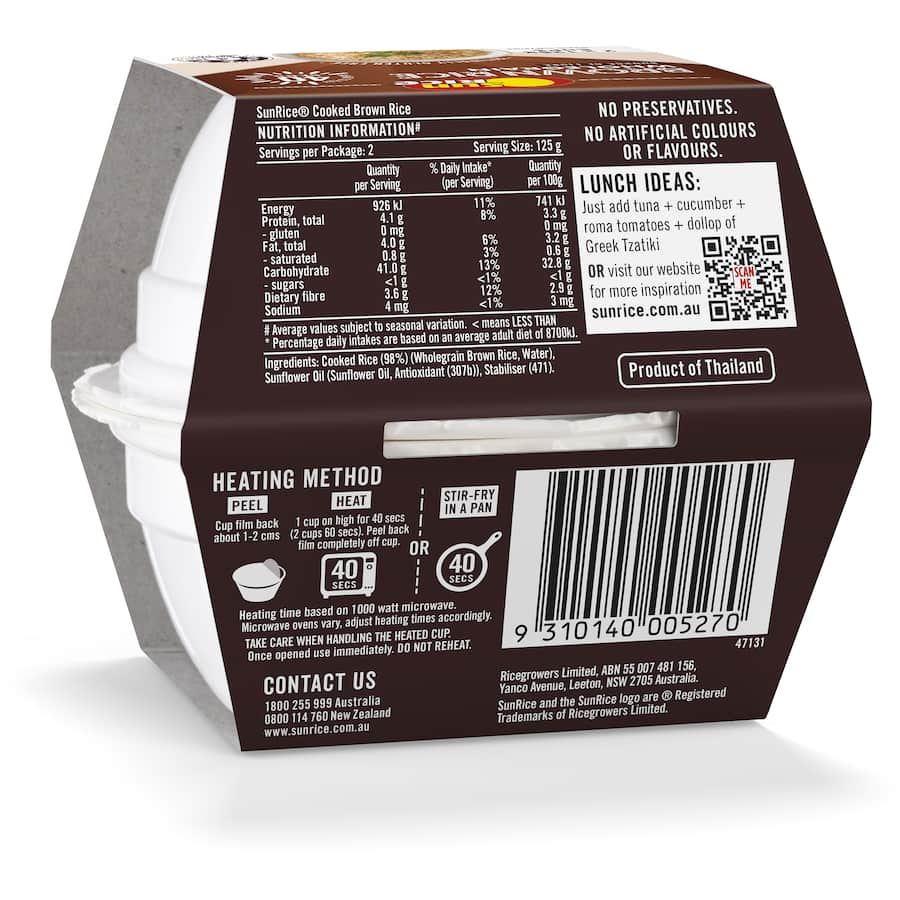 Sunrice Quick Cups Brown Rice: gluten-free, wholegrain, nutty flavor, ready in 40 seconds, perfect for quick meals.