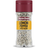 Masterfoods Lemon Pepper Seasoning in a glass shaker jar, features a zesty citrus blend with peppery heat for flavorful cooking.