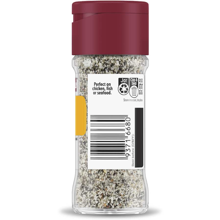 Masterfoods Lemon Pepper Seasoning in a glass shaker jar, perfect for adding zesty citrus and peppery heat to dishes.