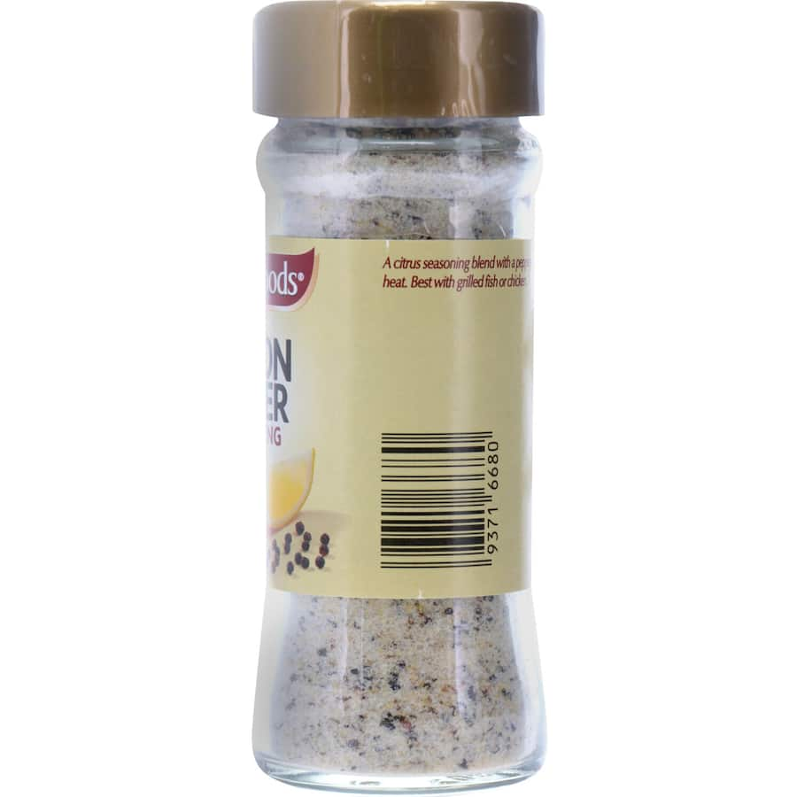 Masterfoods Lemon Pepper Seasoning in a glass shaker jar, a zesty blend for enhancing flavors in various dishes.