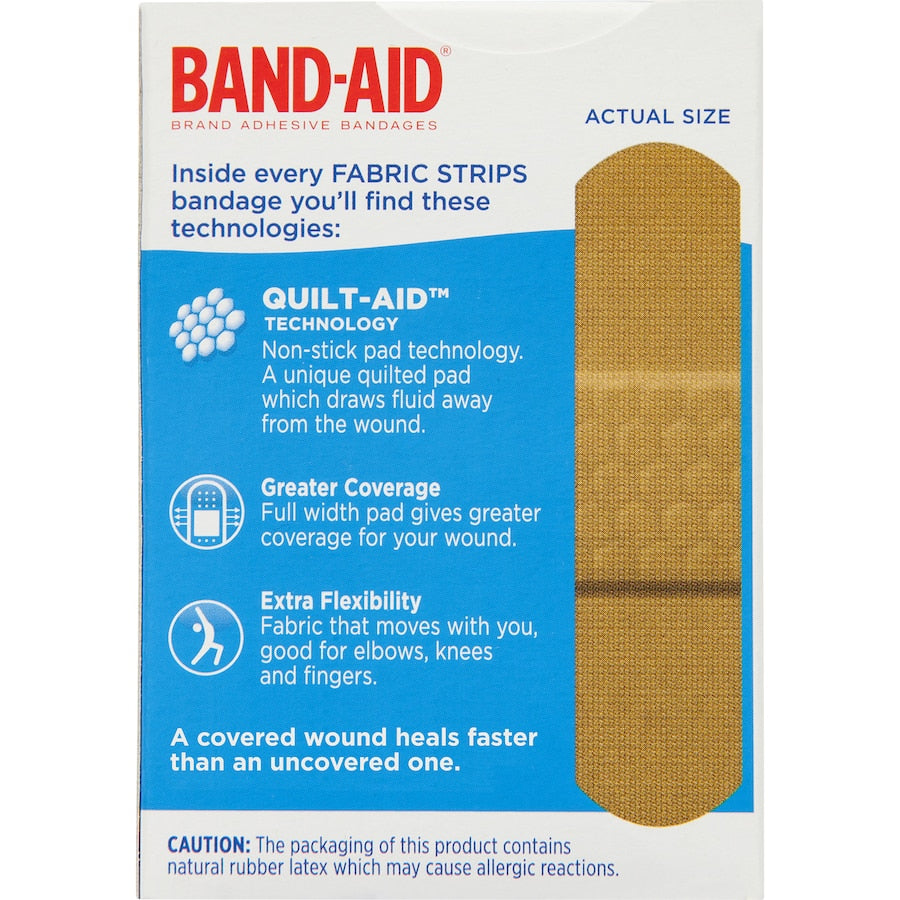 Band Aid Plasters Flex Fabric Strips with advanced Quilt-Aid technology for pain-free healing of cuts and scrapes.