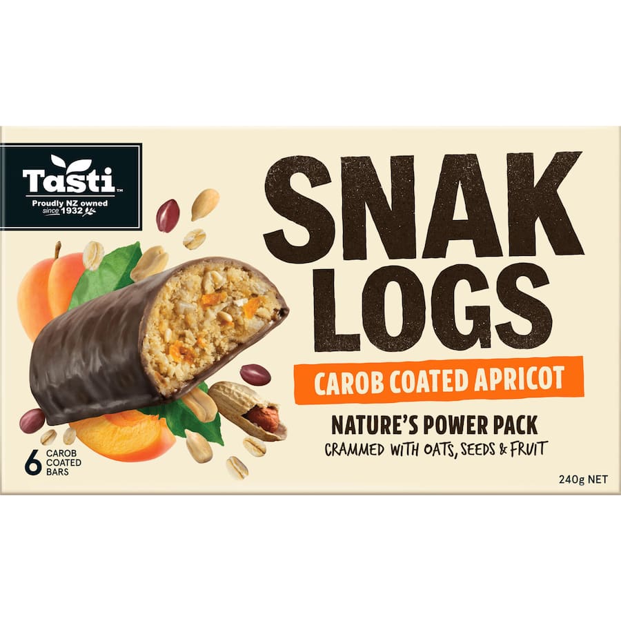 Tasti Muesli Bars Carob Apricot Snack Log, a nutritious and crunchy blend of nuts, oats, and dried fruits for on-the-go energy.