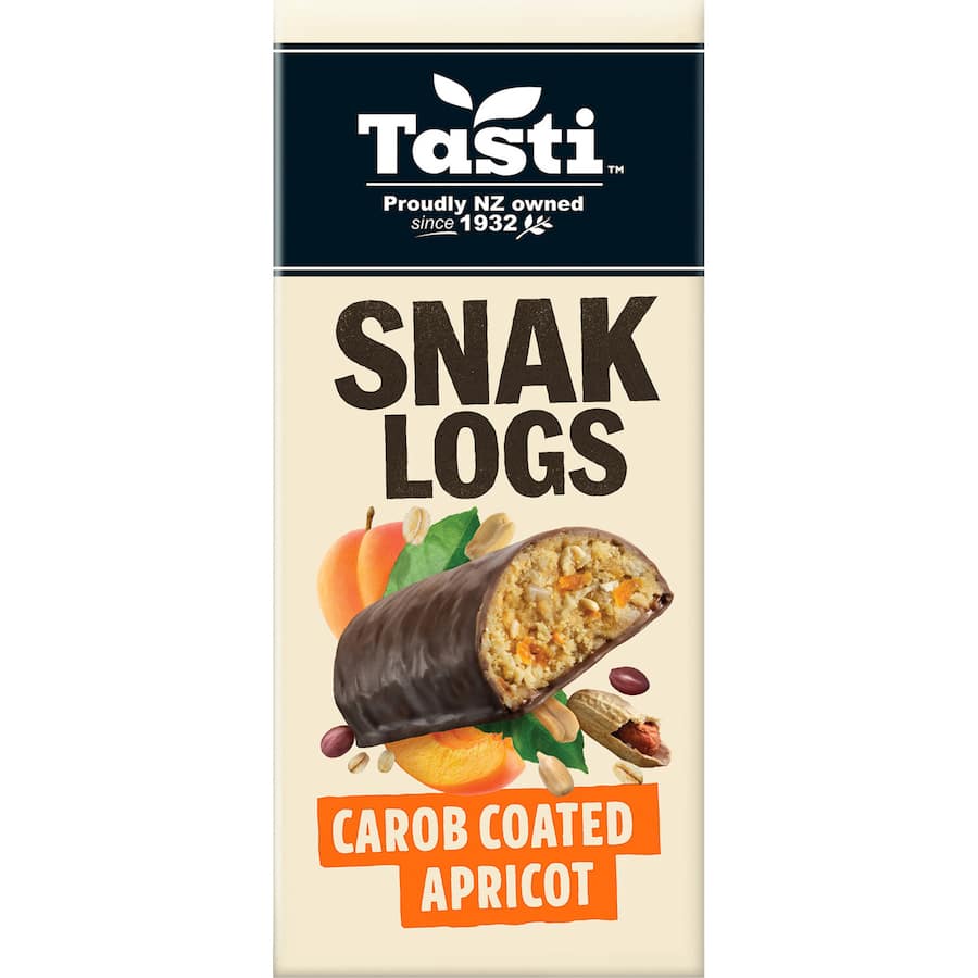 Muesli bar snack log featuring carob and apricot, packed with nuts, oats, and seeds for a nutritious energy boost.