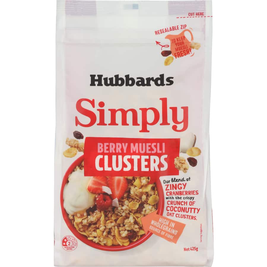 Hubbards Simply Muesli Berry Clusters with crunchy oats and coconut, bursting with vibrant berry flavors for a nutritious breakfast.