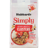 Hubbards Simply Muesli Berry Clusters with crunchy oats and coconut, bursting with vibrant berry flavors for a nutritious breakfast.