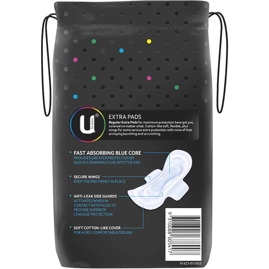 U By Kotex Maximum Protection Pads with wings, featuring a fast-absorbing core and soft cover for comfort during heavy flow days.