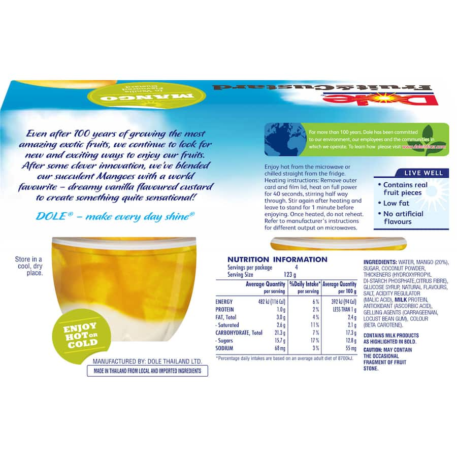 Dole Fruit & Custard snack featuring creamy mango custard in a convenient 492g pack, perfect for on-the-go indulgence.