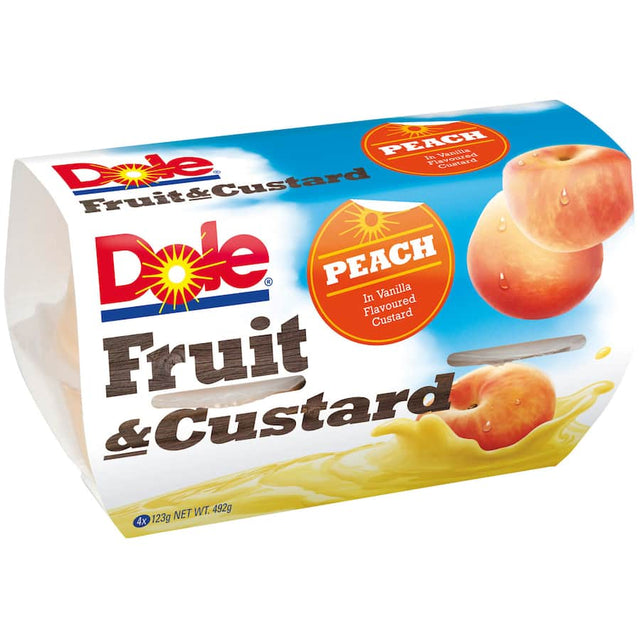 Dole Fruit & Custard Snack with creamy custard and juicy peaches, perfect for snacking or dessert, 492g pack.