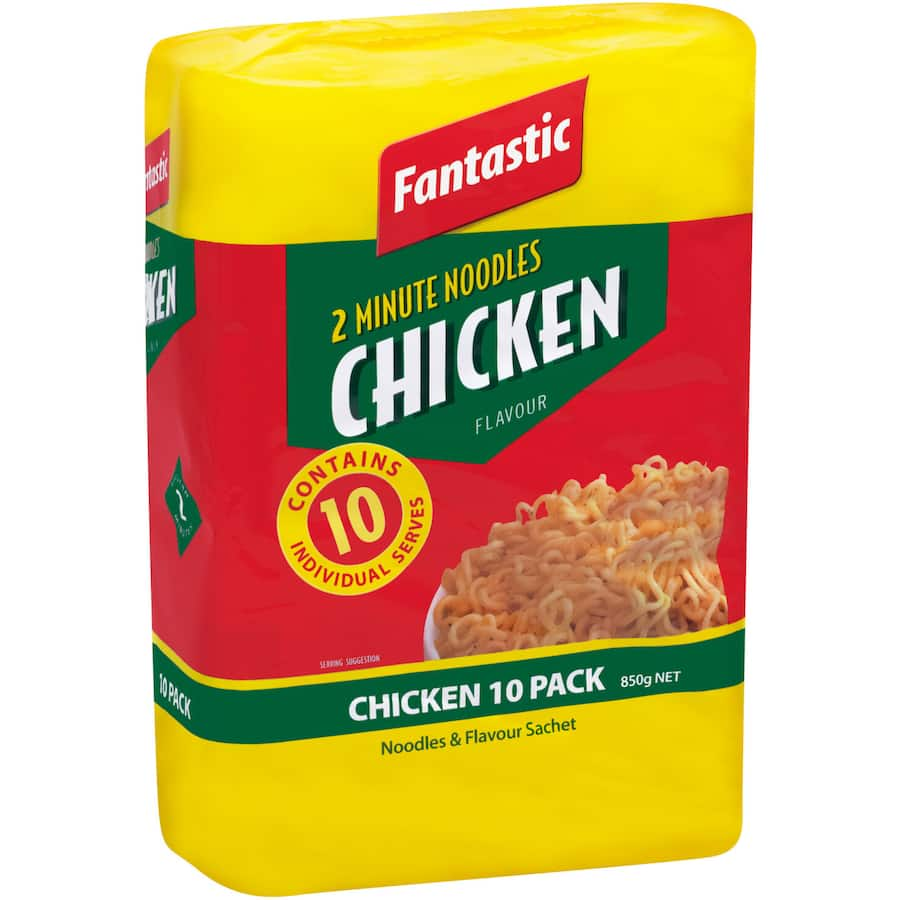 Multi-pack of Fantastic 2 Minute Instant Noodles with chicken flavor, ready in 2 minutes for a quick, flavorful meal.