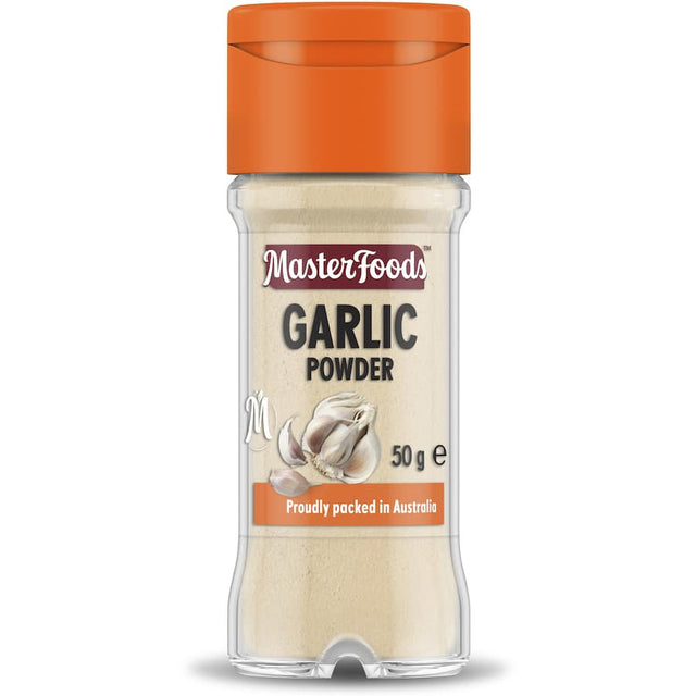 Masterfoods Garlic Powder in a glass shaker jar, offering robust garlic flavor and health benefits for culinary creations.