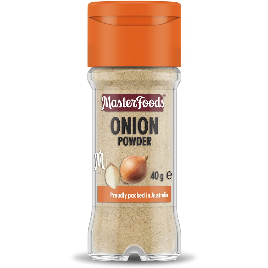 MasterFoods Onion Powder in a resealable glass jar, enhancing dishes with savory flavor and a lighter cooked onion note.