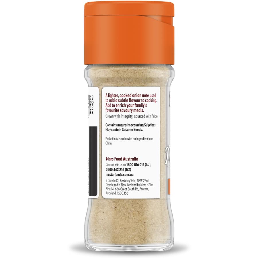 MasterFoods Onion Powder in a resealable glass jar, perfect for enhancing savory dishes with rich flavor.