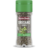 Glass shaker jar of Masterfoods Oregano Flaked Leaves, perfect for enhancing Mediterranean dishes with robust flavor.