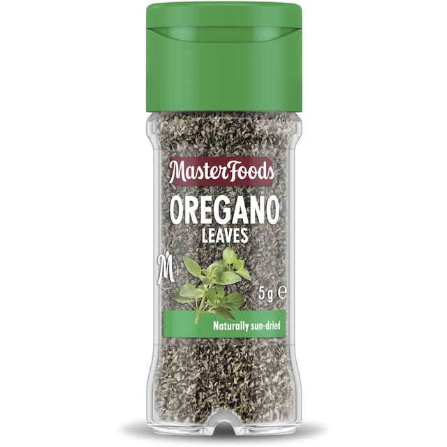 Glass shaker jar of Masterfoods Oregano Flaked Leaves, perfect for enhancing Mediterranean dishes with robust flavor.