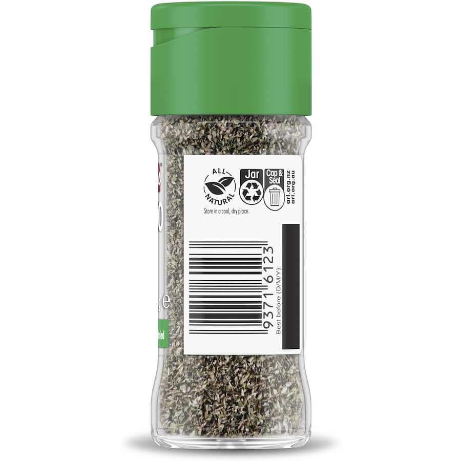 A glass shaker jar filled with Masterfoods Oregano Flaked Leaves, perfect for enhancing Mediterranean dishes and flavors.