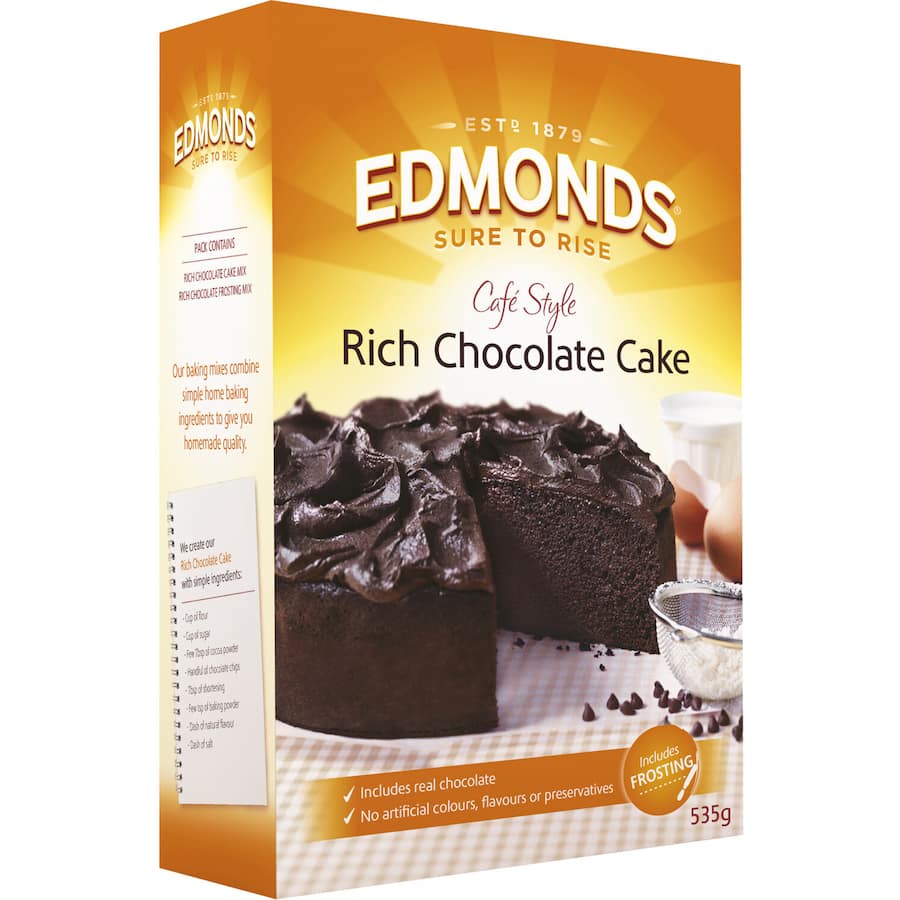 Edmonds Cafe Style Rich Chocolate Cake mix for creating moist, decadent chocolate cakes at home with premium ingredients.