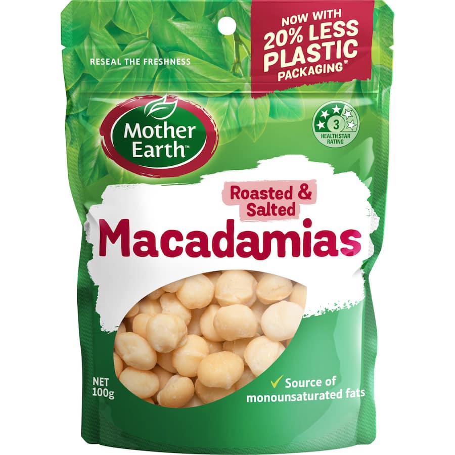 Bowl of Mother Earth Roasted & Salted Macadamias showcasing crunchy texture and rich flavor, ideal for healthy snacking.