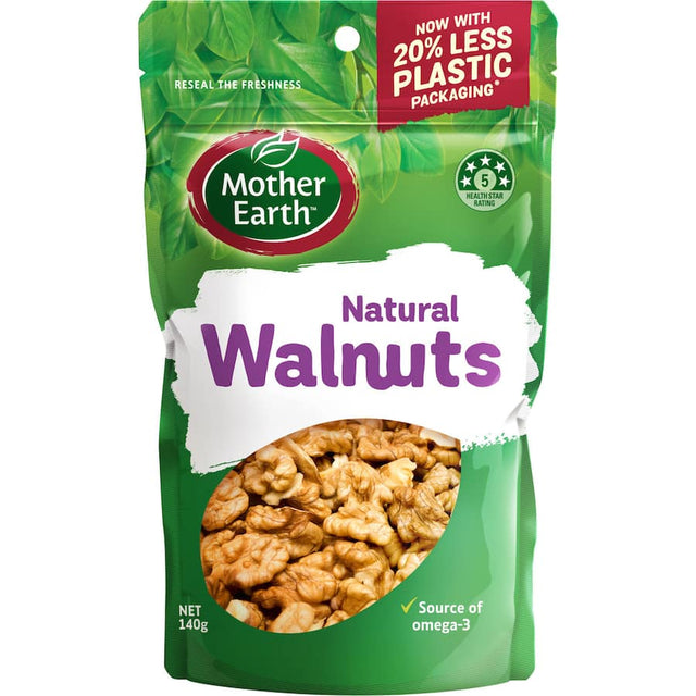 A bag of Mother Earth Natural Walnuts, showcasing their rich texture and promoting health with plant-based omega-3s.