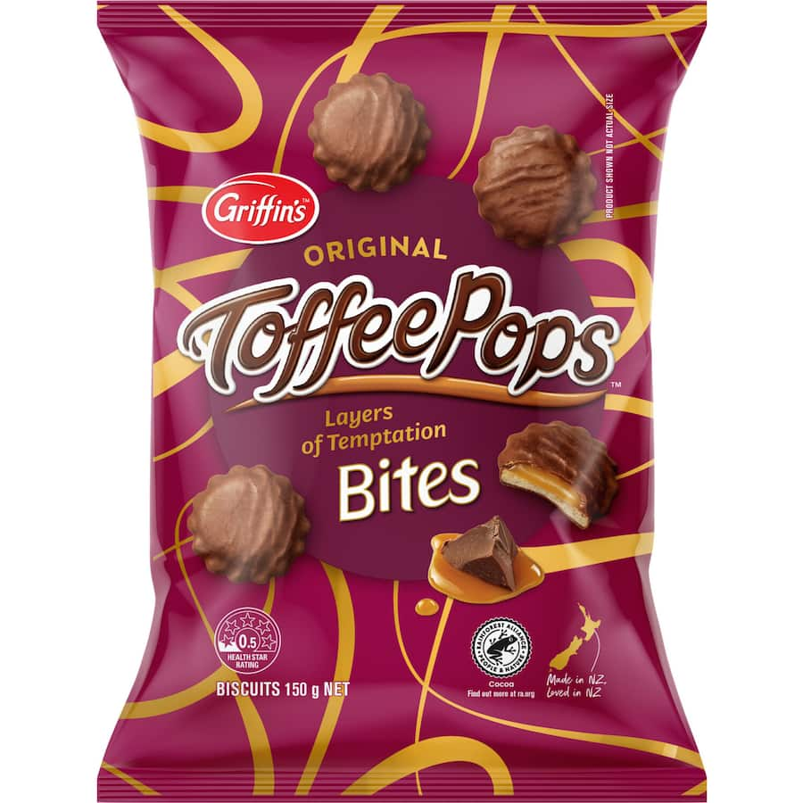 Griffins Toffee Pops: bite-sized biscuits with rich caramel toffee and creamy milk chocolate, no artificial colors or flavors.