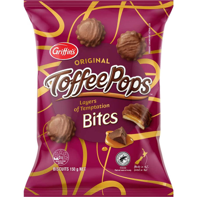 Griffins Toffee Pops: bite-sized biscuits with rich caramel toffee and creamy milk chocolate, no artificial colors or flavors.