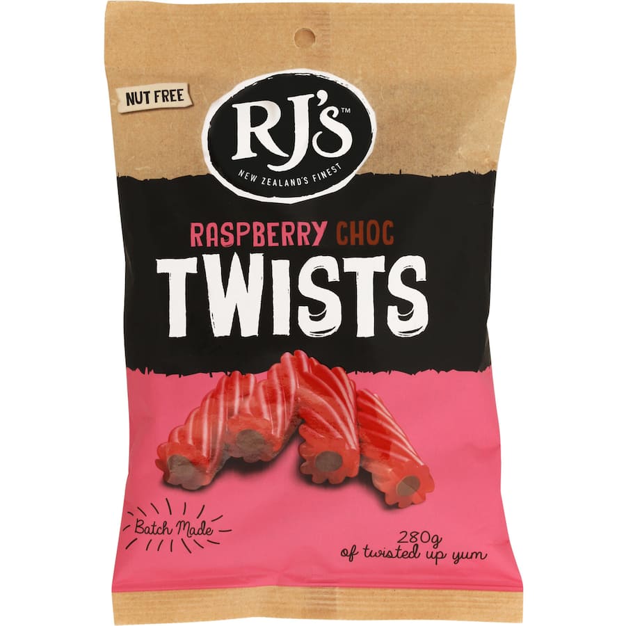 RJs Licorice Twist with Raspberry and Milk Chocolate, combining chewy licorice with a smooth chocolate center for a delicious treat.