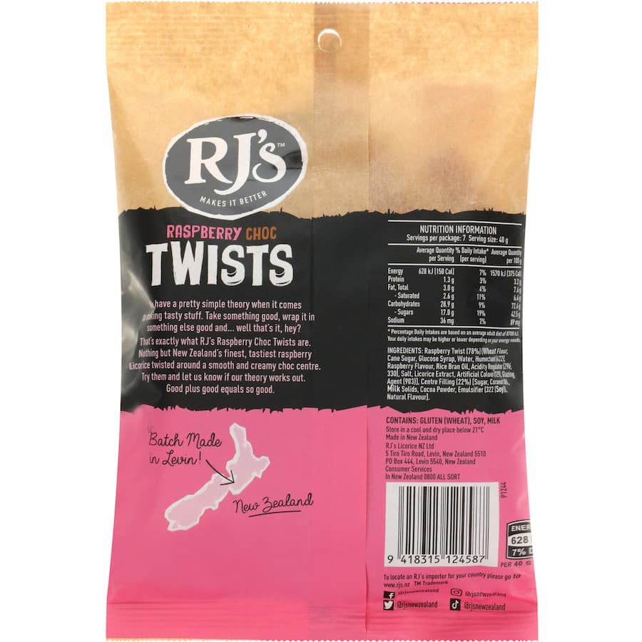 RJs Licorice Twist Raspberry Chocolate, chewy raspberry licorice filled with smooth milk chocolate, perfect for sweet indulgence.