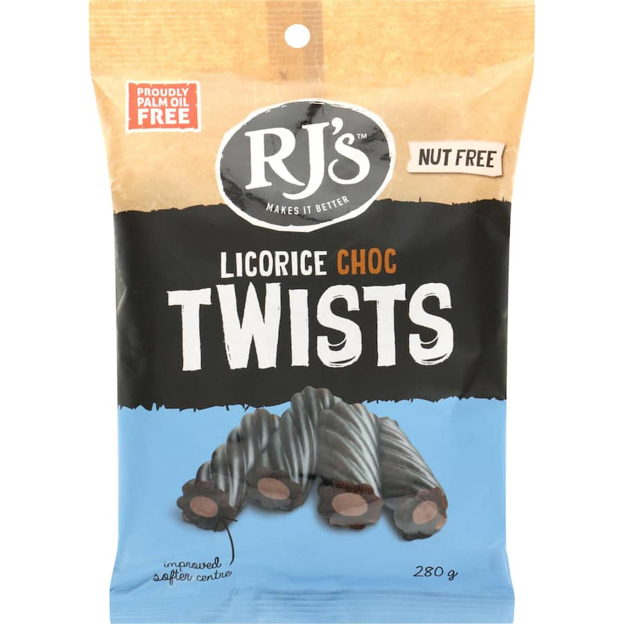 RJs Licorice Twist Chocolate: soft licorice filled with creamy milk chocolate, gluten-free, perfect for indulgence or gifting.