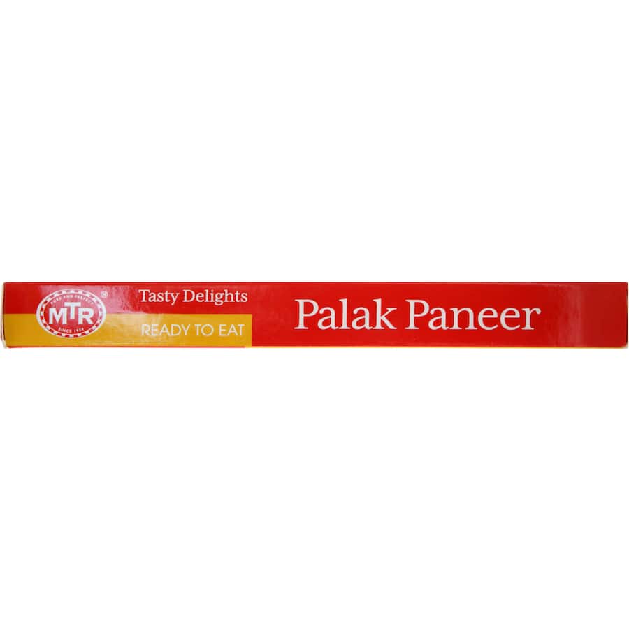 A ready-to-eat pack of Mtr Indian Palak Paneer featuring spinach, creamy paneer, and aromatic spices for a wholesome vegetarian meal.