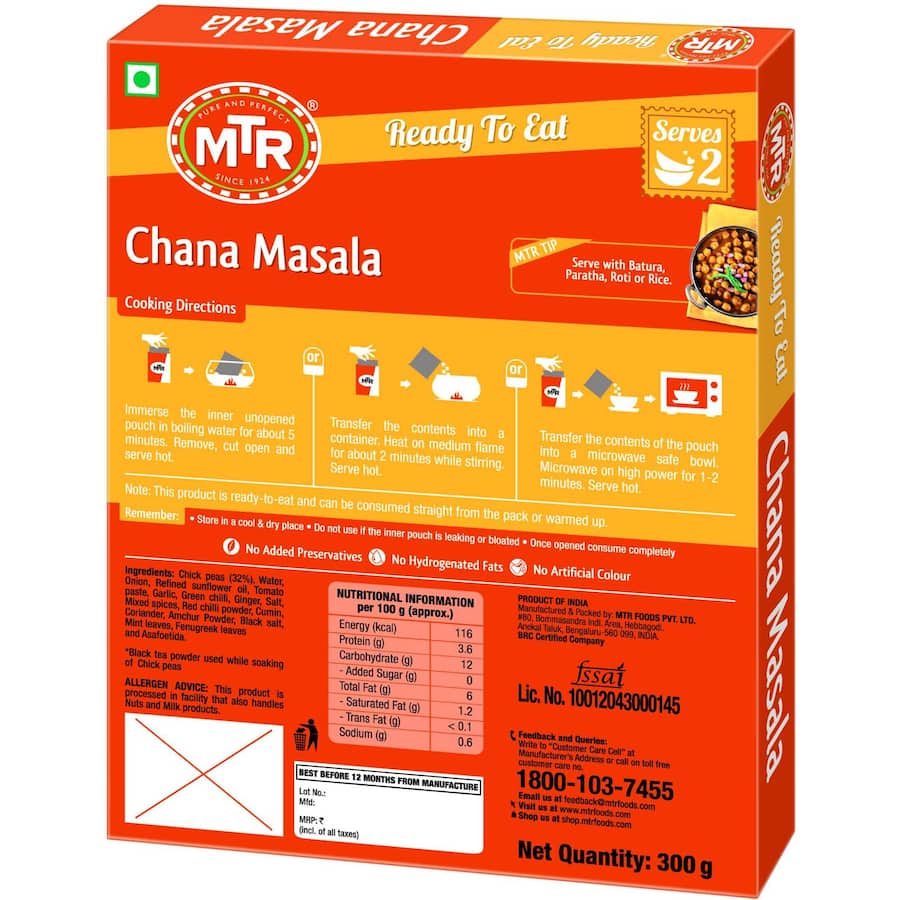Mtr Indian Chana Masala spice blend for authentic chickpea dishes, enhancing curries and stews with rich Indian flavors.