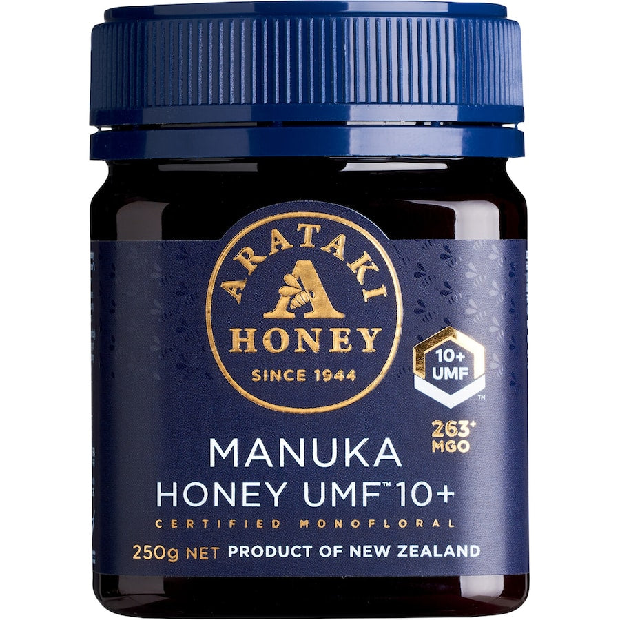 Rich golden Arataki Manuka Honey UMF 10+, a premium New Zealand superfood with health benefits and delightful flavor.