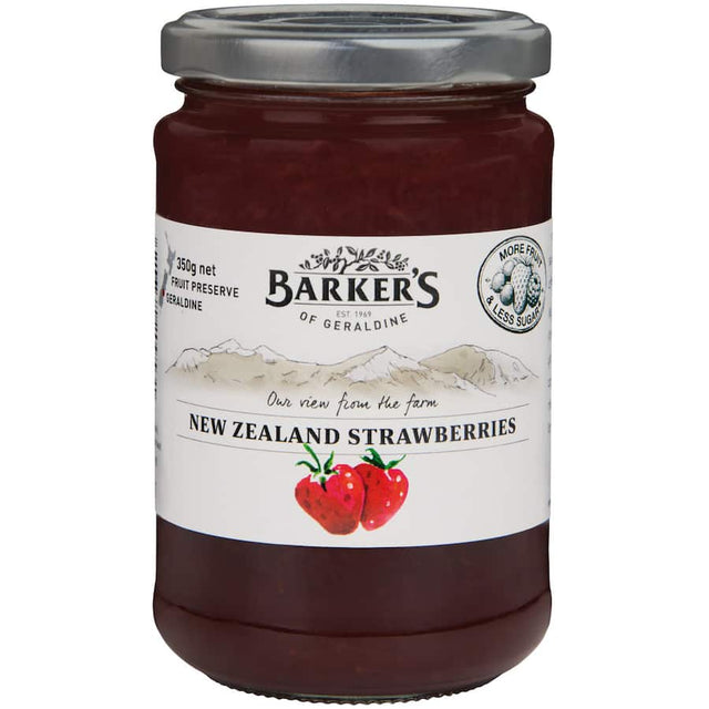 Barkers Strawberry Jam NZ, made from ripe New Zealand strawberries, perfect for spreading or enhancing dishes.