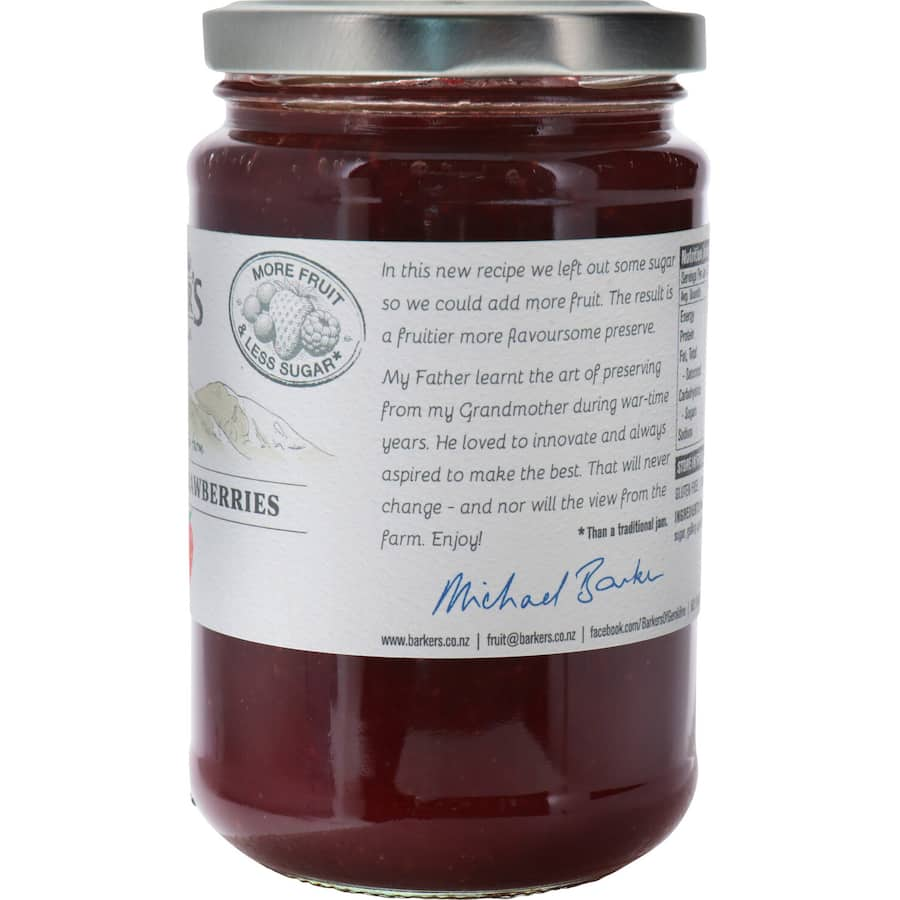 Barkers Strawberry Jam NZ in a jar, showcasing vibrant red jam made from ripe New Zealand strawberries, perfect for spreading.