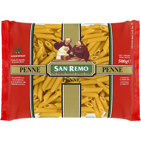 San Remo Penne No. 18, vegan tubular pasta made from 100% Australian durum wheat, cooks in 12 minutes.