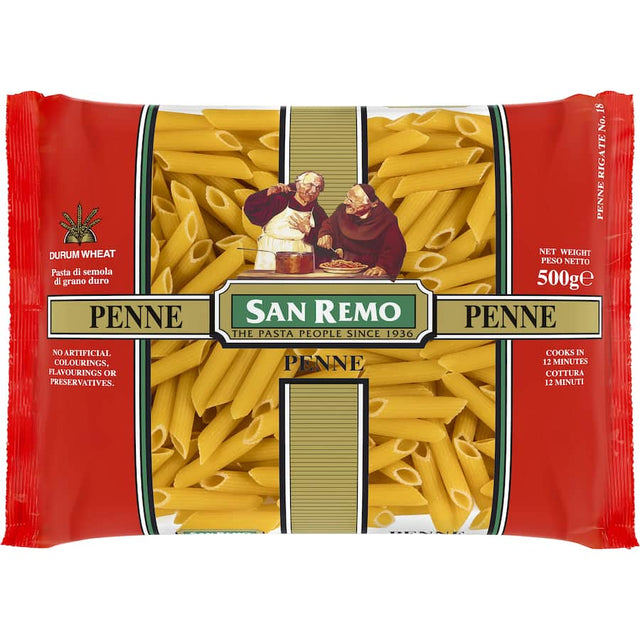 San Remo Penne No. 18, vegan tubular pasta made from 100% Australian durum wheat, cooks in 12 minutes.