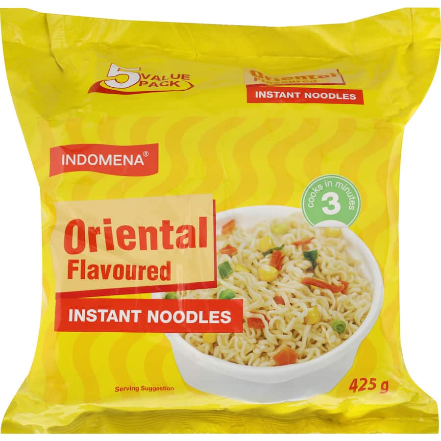 Bowl of Indomena Instant Noodles Oriental, featuring premium noodles and authentic seasoning for a quick, flavorful meal.