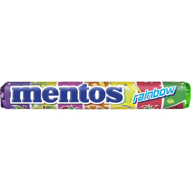 Mentos Sweets Rainbow Roll features vibrant fruity flavors like strawberry, watermelon, and grape in a chewy, colorful candy roll.