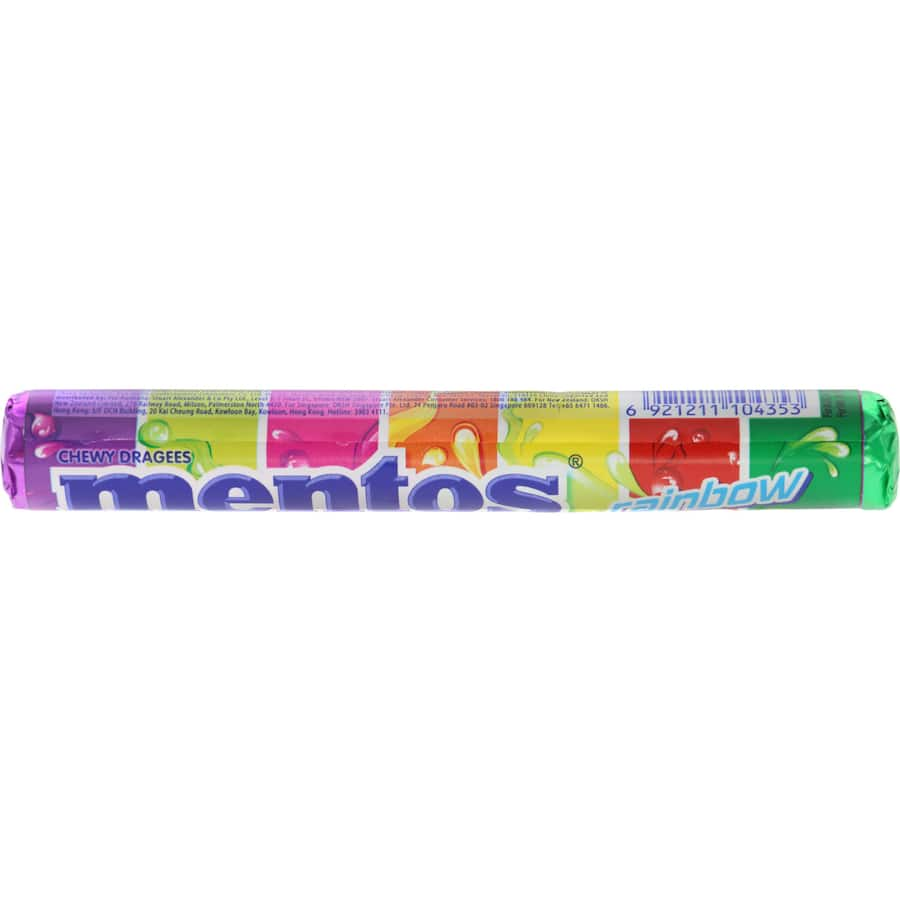 Mentos Sweets Rainbow Roll features chewy fruity candies in vibrant colors, offering delightful flavors like strawberry, cherry, and pineapple.